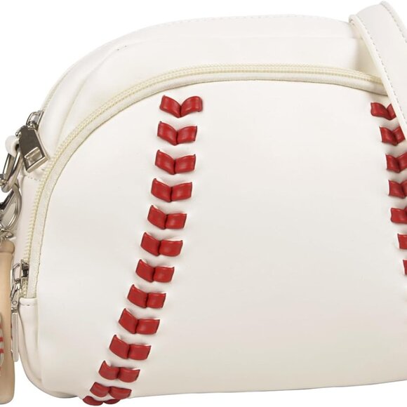 White Small Vegan Leather Baseball Crossbody Bag with Keychain for Women - Picture 1 of 6